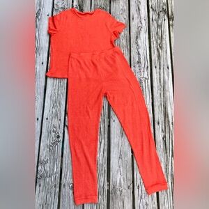 2 Pc Ladies L XL Rusty Orange Short Sleeve Sweater Jogger Pants Set Swit Outfit